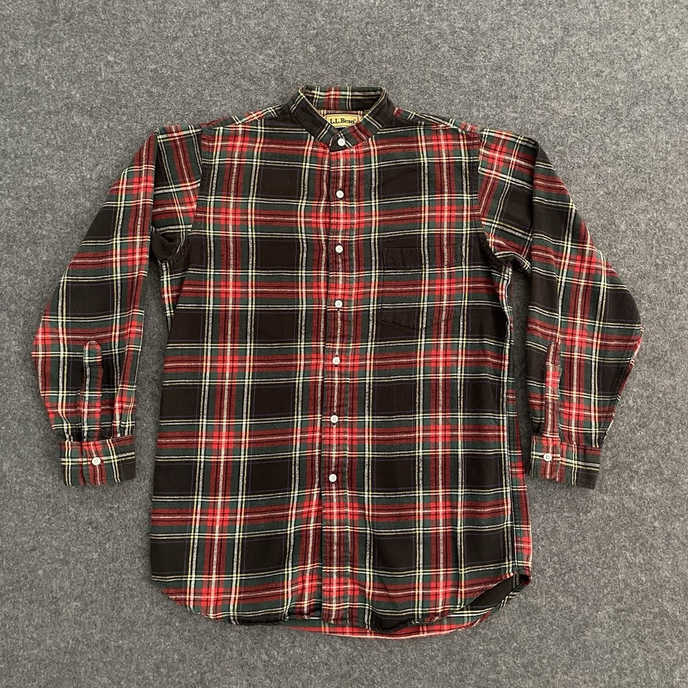 Vintage LL Bean Flannel Plaid Shirt Mens S/M Red Tartan Hiking Band Collar